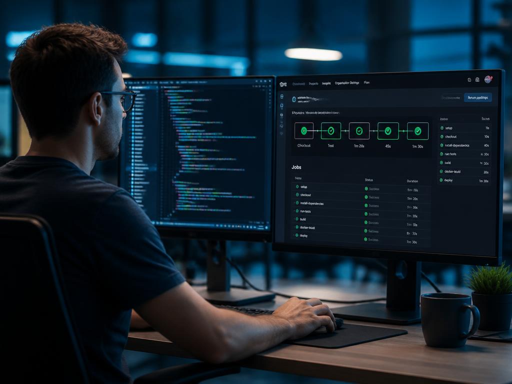 Engineer reviewing code and a CI/CD pipeline dashboard