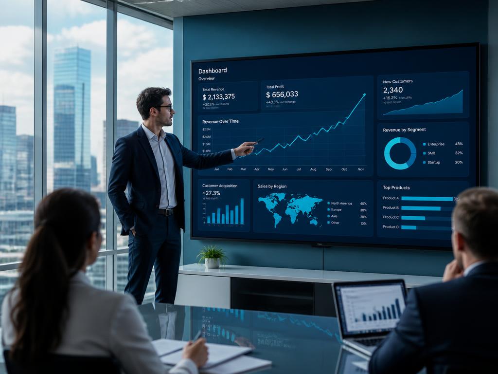 Team reviewing business performance dashboards on a large screen
